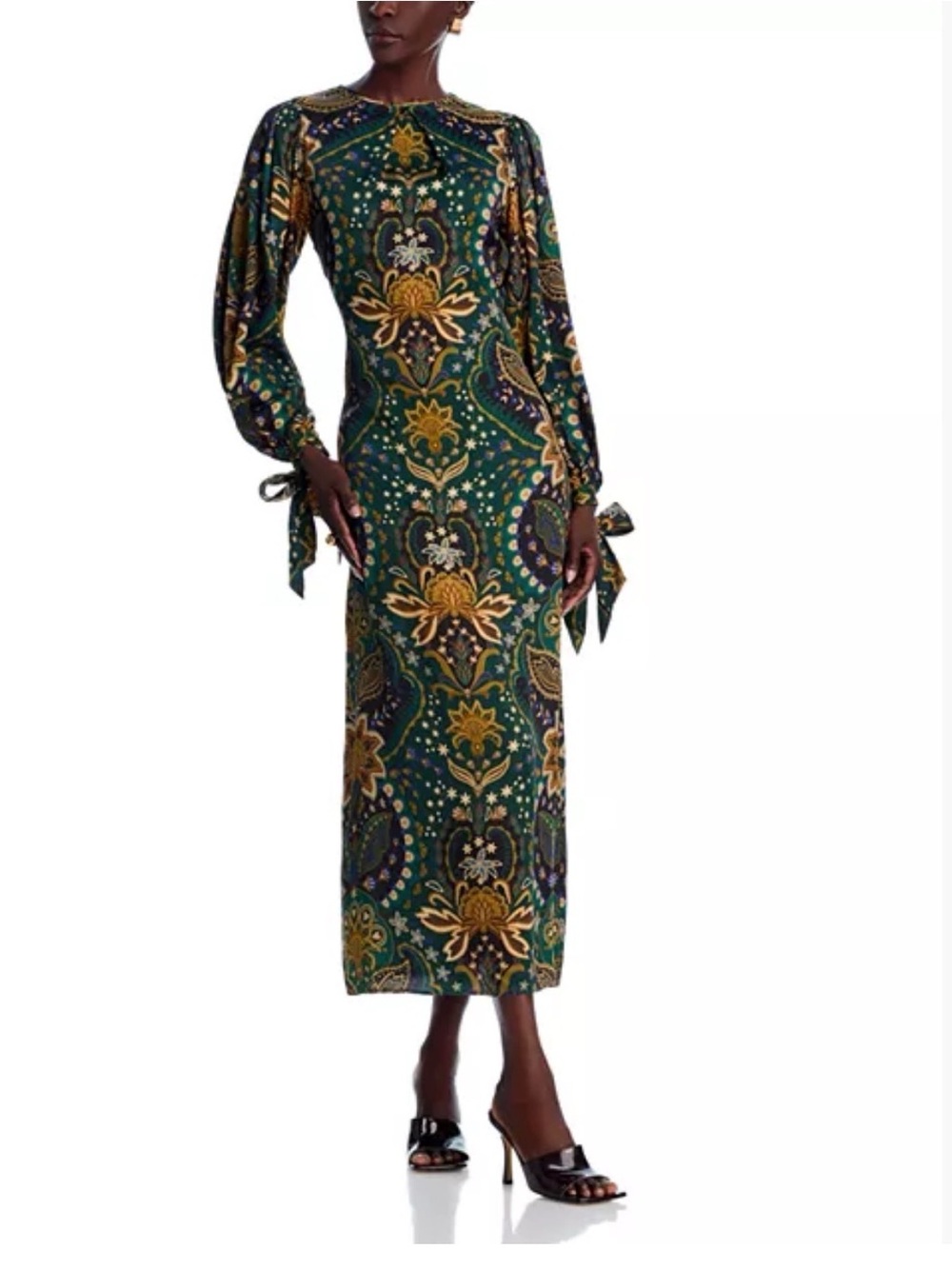 FARM Rio Green & Gold Paisley Long-Sleeve Maxi Dress